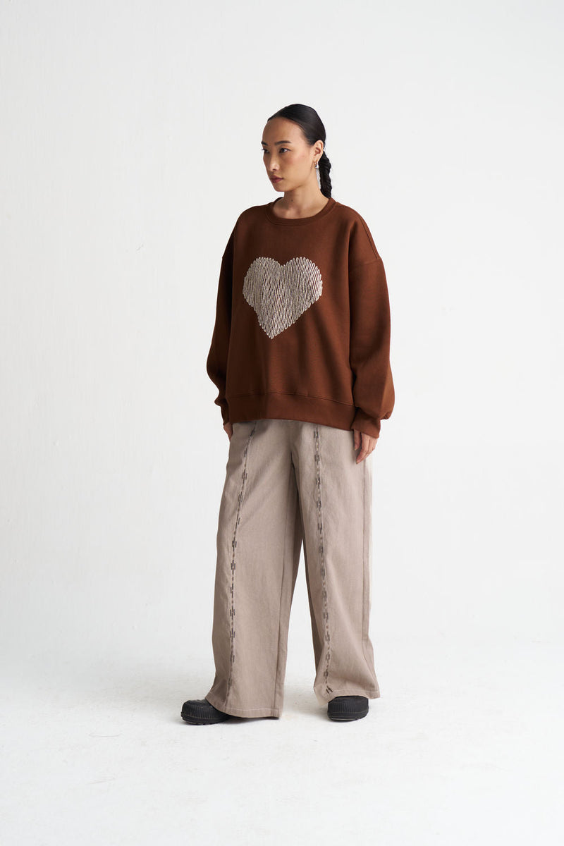 Heart Emb. Jumper-Chocolate Brown cotton fleece top/shirt by THREE in brown for women in Singapore