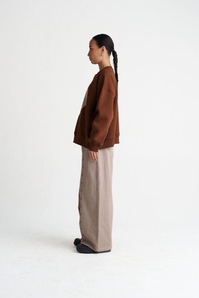 Heart Emb. Jumper Co-Ord (Set Of 2)-Chocolate Brown cotton fleece co-ord set by THREE in brown, grey for women in Singapore