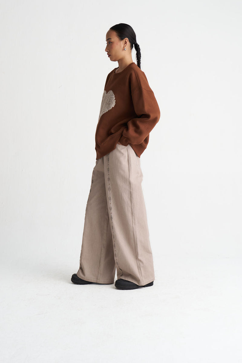 Hand Emb. Twill Pant-Ash Grey twill pant/trouser by THREE in grey for women in Singapore