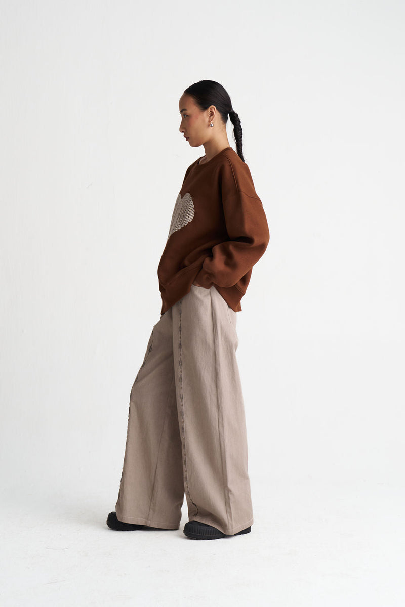 Hand Emb. Twill Pant-Ash Grey twill pant/trouser by THREE in grey for women in Singapore