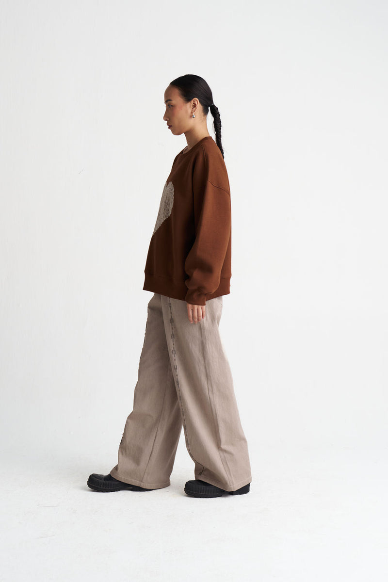 Hand Emb. Twill Pant-Ash Grey twill pant/trouser by THREE in grey for women in Singapore