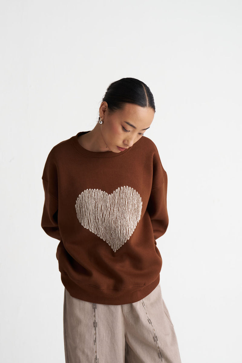 Heart Emb. Jumper-Chocolate Brown cotton fleece top/shirt by THREE in brown for women in Singapore