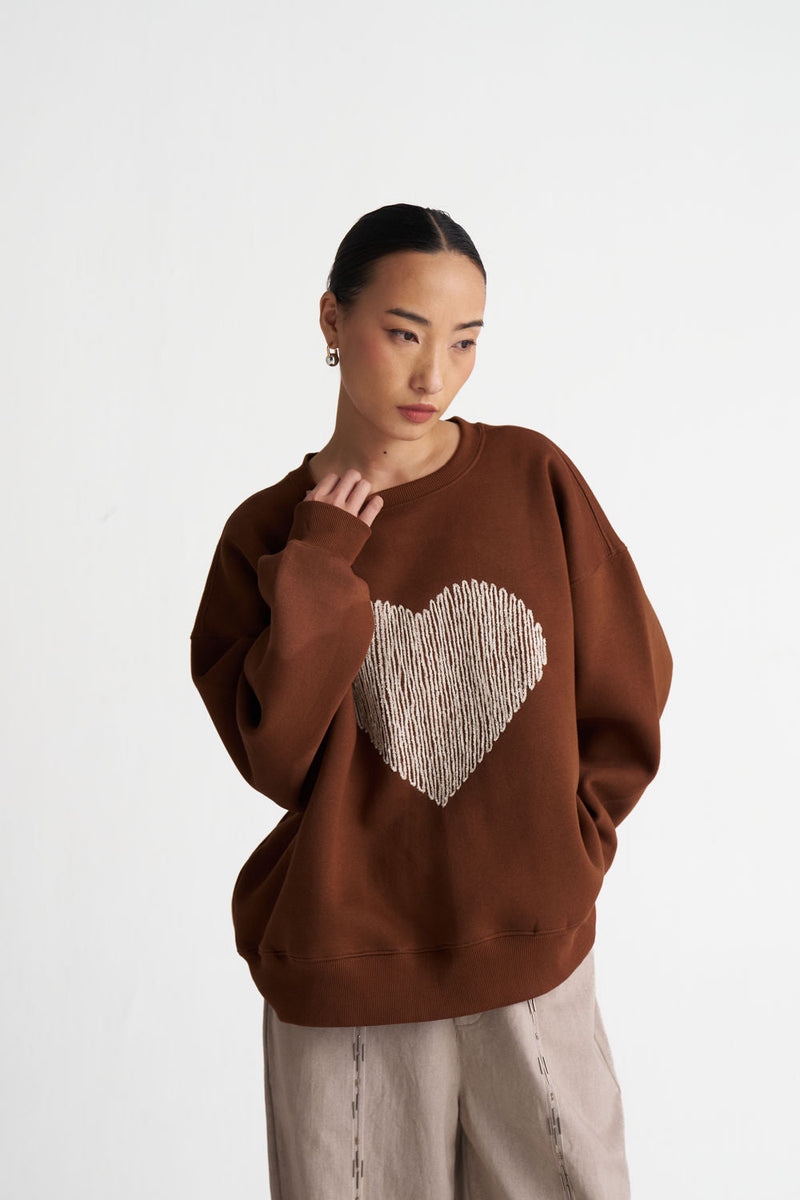 Heart Emb. Jumper-Chocolate Brown cotton fleece top/shirt by THREE in brown for women in Singapore