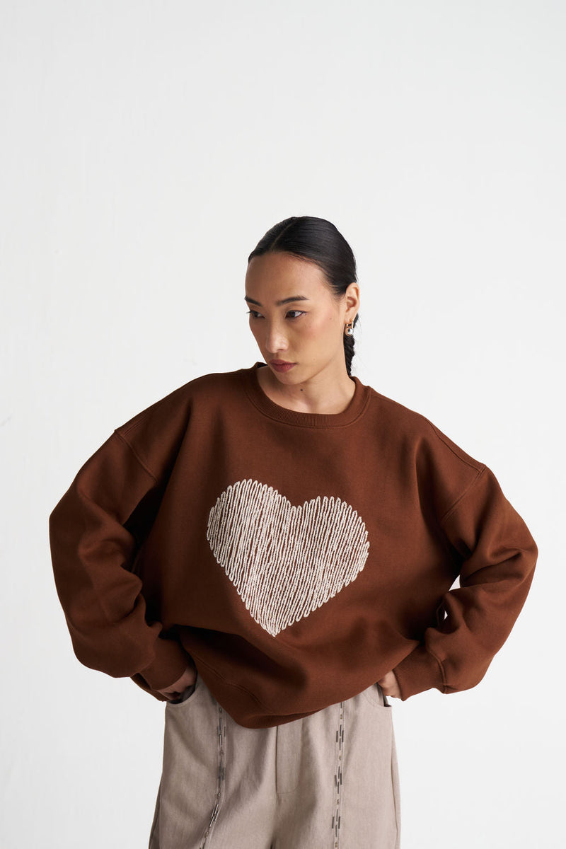 Heart Emb. Jumper Co-Ord (Set Of 2)-Chocolate Brown cotton fleece co-ord set by THREE in brown, grey for women in Singapore