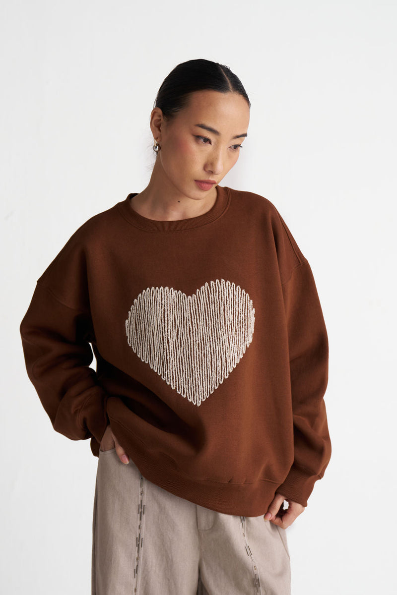 Heart Emb. Jumper-Chocolate Brown cotton fleece top/shirt by THREE in brown for women in Singapore