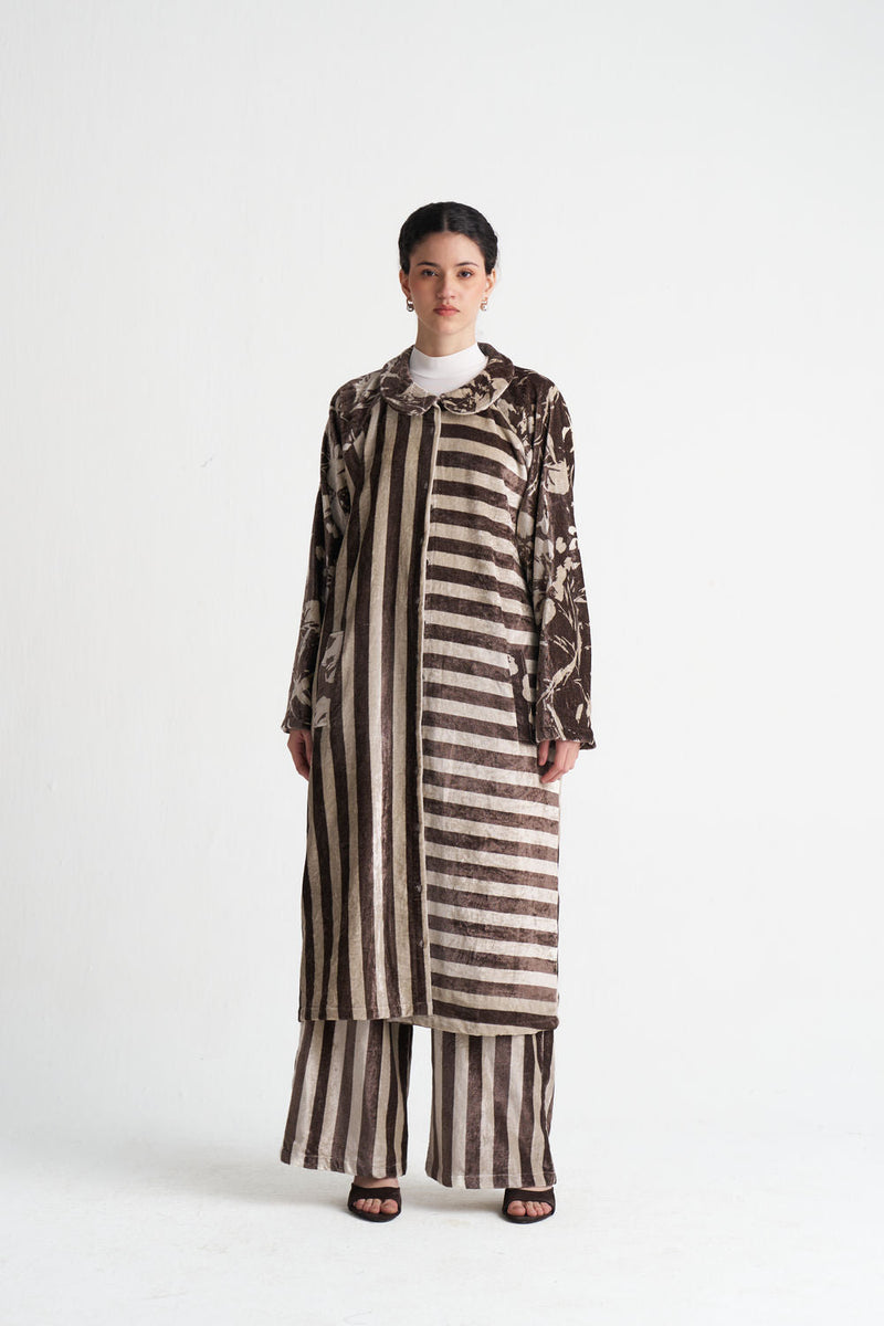 Contrast Stripe Tunic-Umber Floral + Umber Stripe velvet tunics and kaftans by THREE in brown for women in Singapore