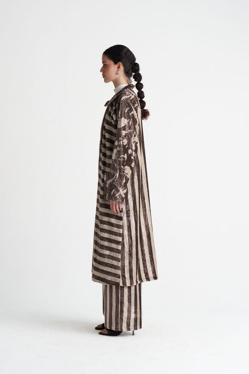 Contrast Stripe Tunic Co-Ord (Set Of 2)-Umber Floral + Umber Stripe velvet co-ord set by THREE in brown for women in Singapore