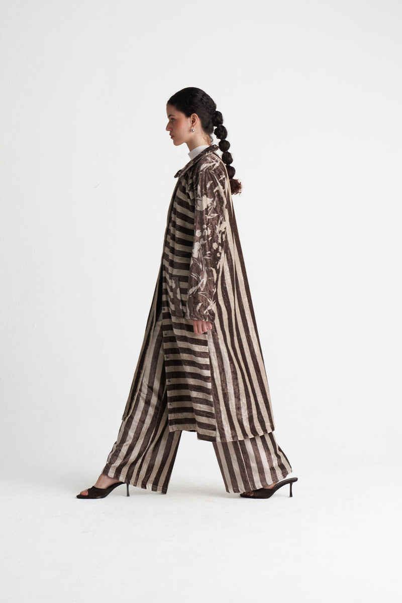 Contrast Stripe Tunic Co-Ord (Set Of 2)-Umber Floral + Umber Stripe velvet co-ord set by THREE in brown for women in Singapore