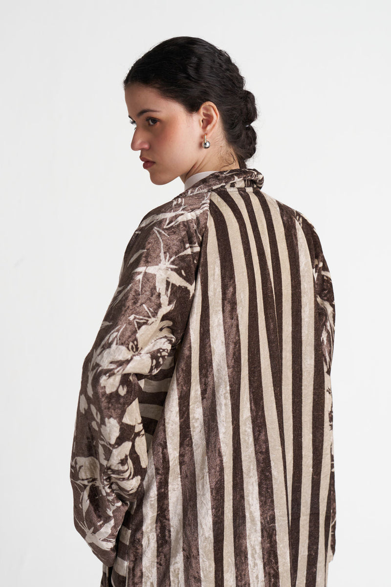 Contrast Stripe Tunic Co-Ord (Set Of 2)-Umber Floral + Umber Stripe velvet co-ord set by THREE in brown for women in Singapore