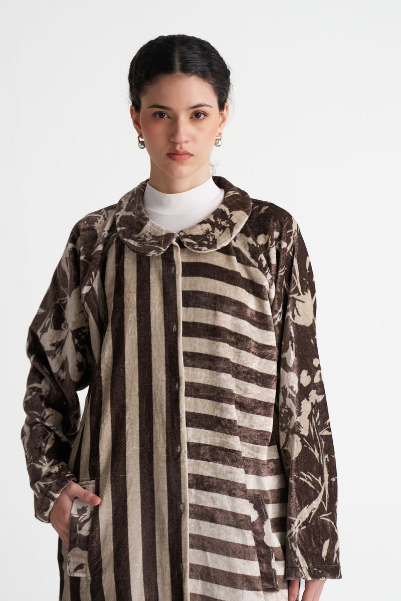 Contrast Stripe Tunic Co-Ord (Set Of 2)-Umber Floral + Umber Stripe velvet co-ord set by THREE in brown for women in Singapore