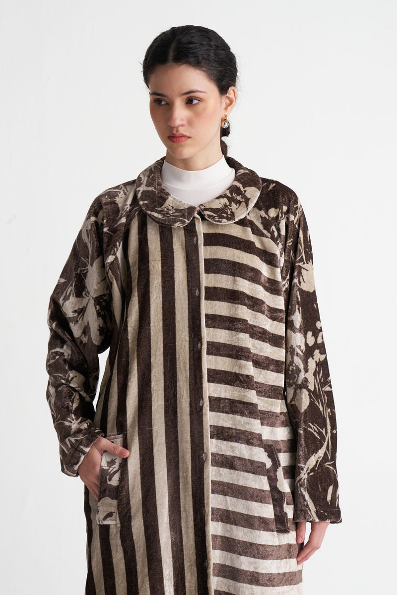 Contrast Stripe Tunic-Umber Floral + Umber Stripe velvet tunics and kaftans by THREE in brown for women in Singapore