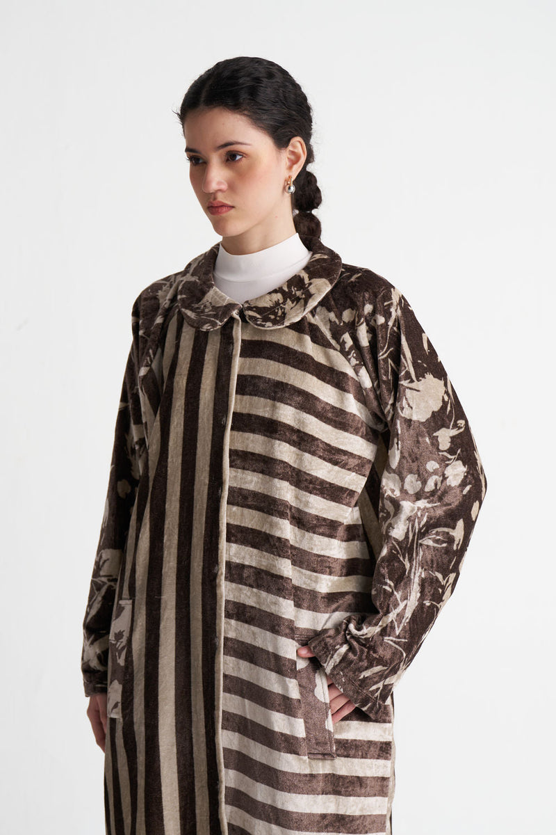 Contrast Stripe Tunic-Umber Floral + Umber Stripe velvet tunics and kaftans by THREE in brown for women in Singapore