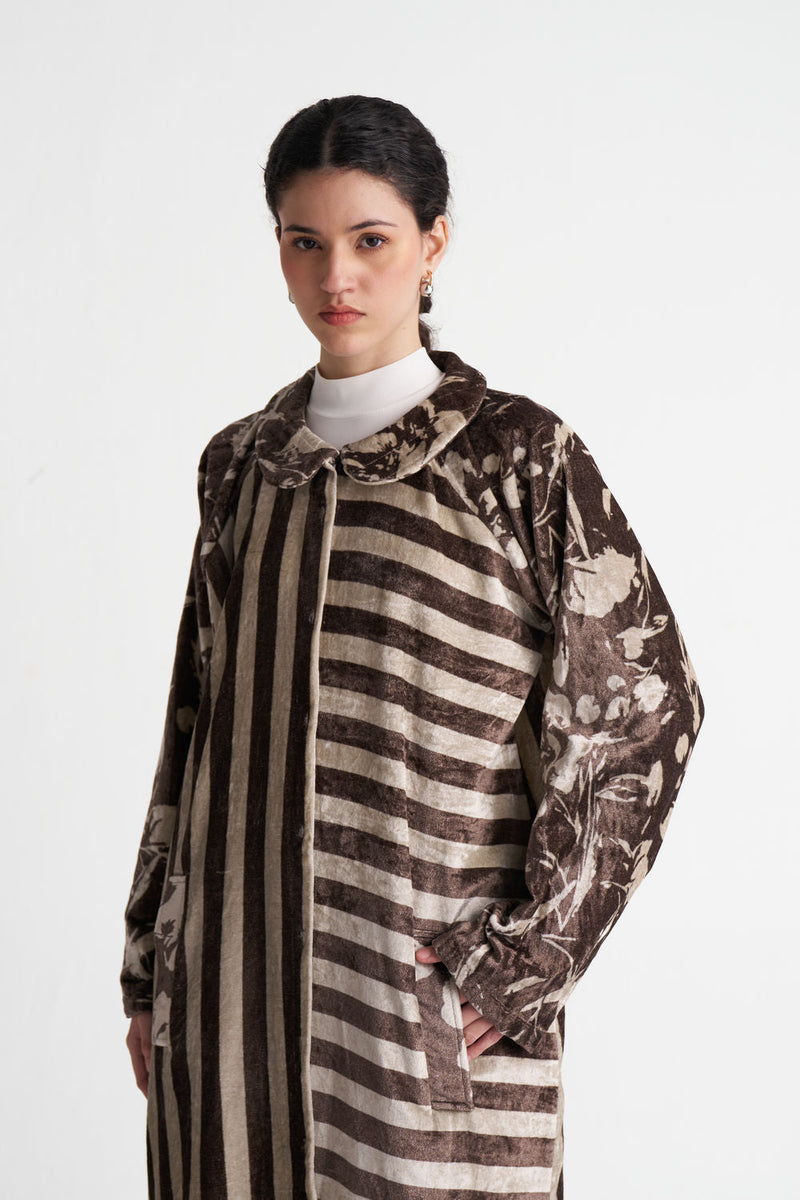 Contrast Stripe Tunic-Umber Floral + Umber Stripe velvet tunics and kaftans by THREE in brown for women in Singapore