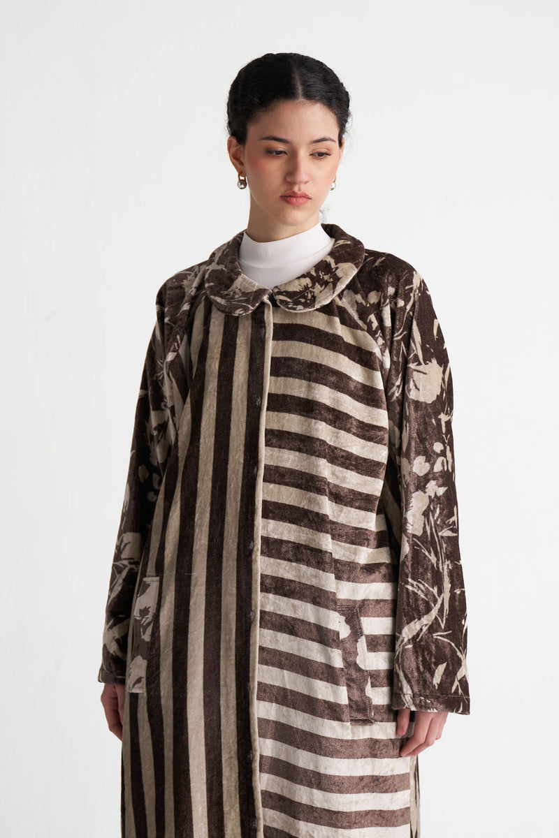 Contrast Stripe Tunic-Umber Floral + Umber Stripe velvet tunics and kaftans by THREE in brown for women in Singapore