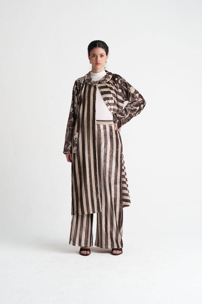 Contrast Stripe Tunic Co-Ord (Set Of 2)-Umber Floral + Umber Stripe velvet co-ord set by THREE in brown for women in Singapore