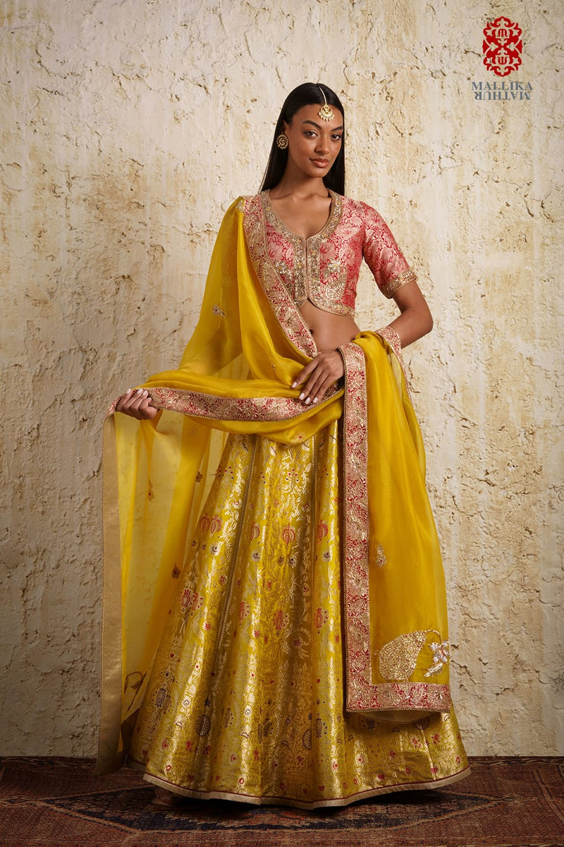 Shaheen Basanti yellow silk brocade lehenga silk Buy Shaheen Basanti yellow silk brocade lehenga from C&W | Lehenga Sets for Women by Mallika Mathur in yellow color for women in Singapore