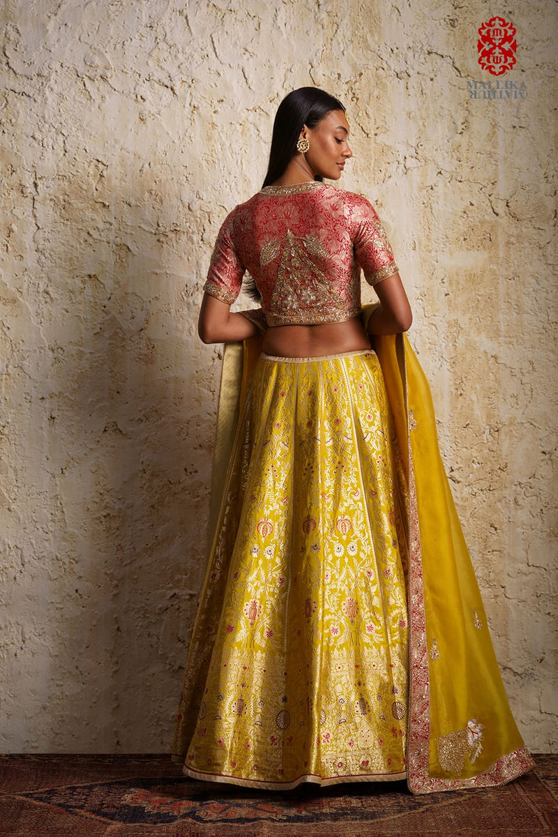 Shaheen Basanti yellow silk brocade lehenga silk Buy Shaheen Basanti yellow silk brocade lehenga from C&W | Lehenga Sets for Women by Mallika Mathur in yellow color for women in Singapore