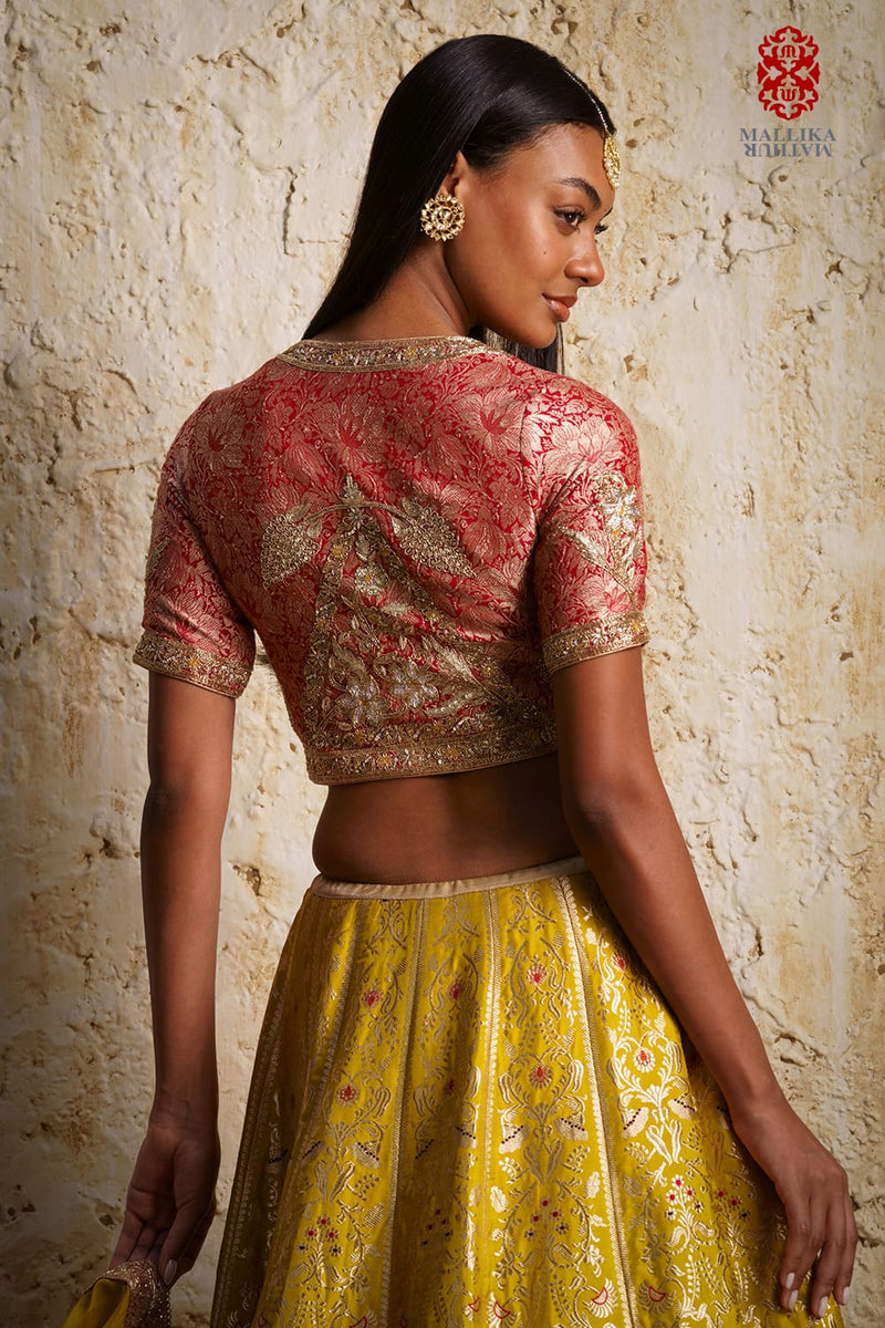 Shaheen Basanti yellow silk brocade lehenga silk Buy Shaheen Basanti yellow silk brocade lehenga from C&W | Lehenga Sets for Women by Mallika Mathur in yellow color for women in Singapore