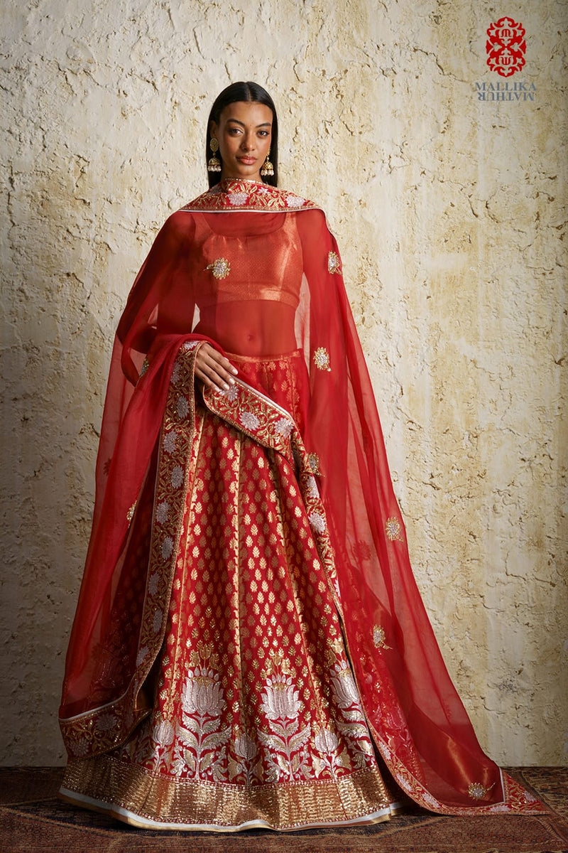 Kamala cherry lacquer red silk silk Buy Kamala cherry lacquer red silk from C&W | Lehenga Sets for Women by Mallika Mathur in red color for women in Singapore