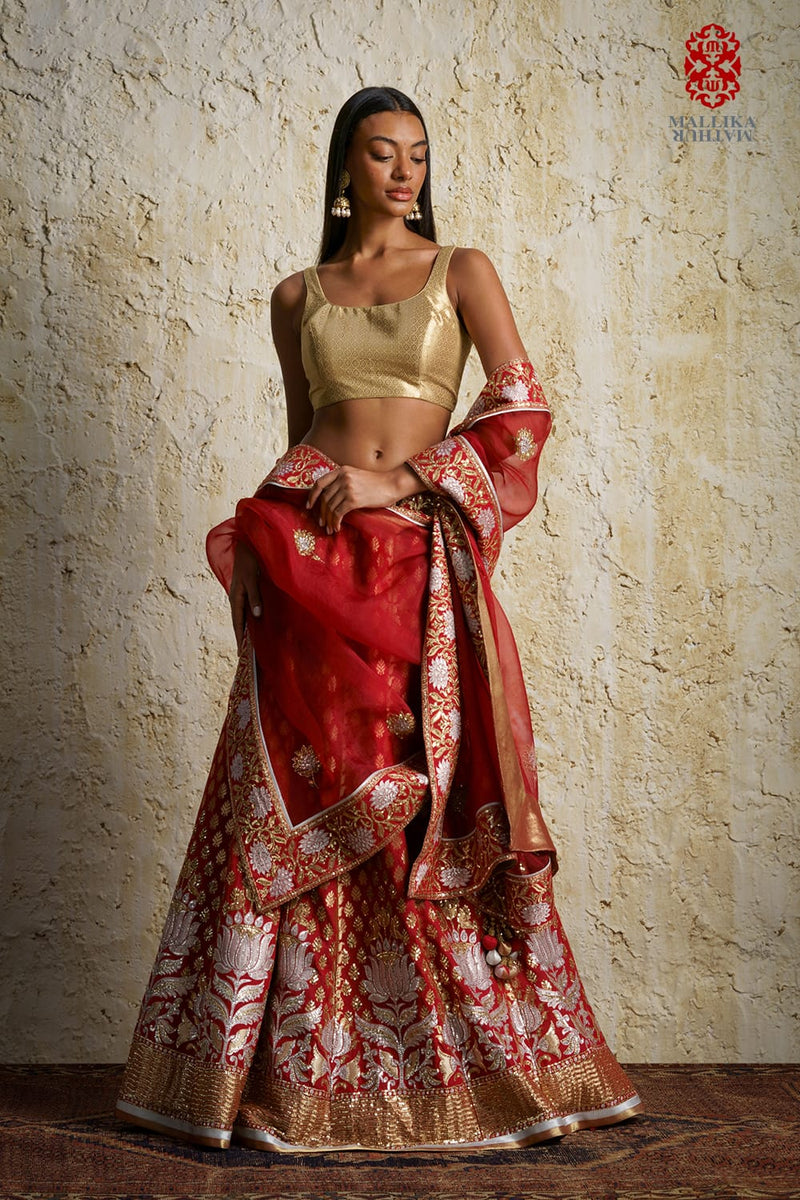 Kamala cherry lacquer red silk silk Buy Kamala cherry lacquer red silk from C&W | Lehenga Sets for Women by Mallika Mathur in red color for women in Singapore