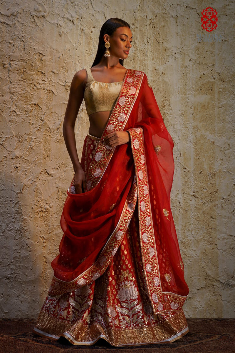 Kamala cherry lacquer red silk silk Buy Kamala cherry lacquer red silk from C&W | Lehenga Sets for Women by Mallika Mathur in red color for women in Singapore