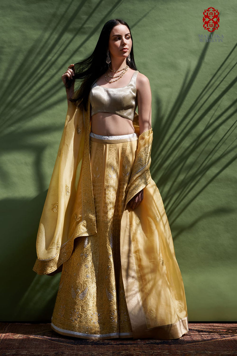 Mehak silk georgette lehenga-butter yellow silk Buy Mehak silk georgette lehenga-butter yellow from C&W | Lehenga Sets for Women by Mallika Mathur in yellow color for women in Singapore