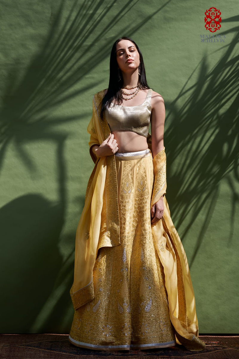 Mehak silk georgette lehenga-butter yellow silk Buy Mehak silk georgette lehenga-butter yellow from C&W | Lehenga Sets for Women by Mallika Mathur in yellow color for women in Singapore