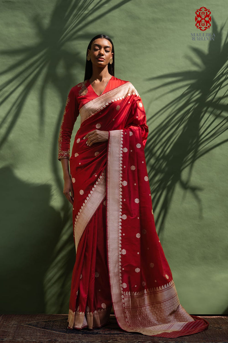 Chunari buti Katan silk Banarasi sari-red silk Buy Chunari buti Katan silk Banarasi sari-red from C&W | Saree for Women by Mallika Mathur in red color for women in Singapore