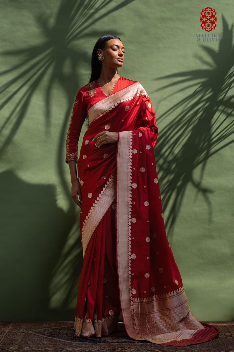 Chunari buti Katan silk Banarasi sari-red silk Buy Chunari buti Katan silk Banarasi sari-red from C&W | Saree for Women by Mallika Mathur in red color for women in Singapore