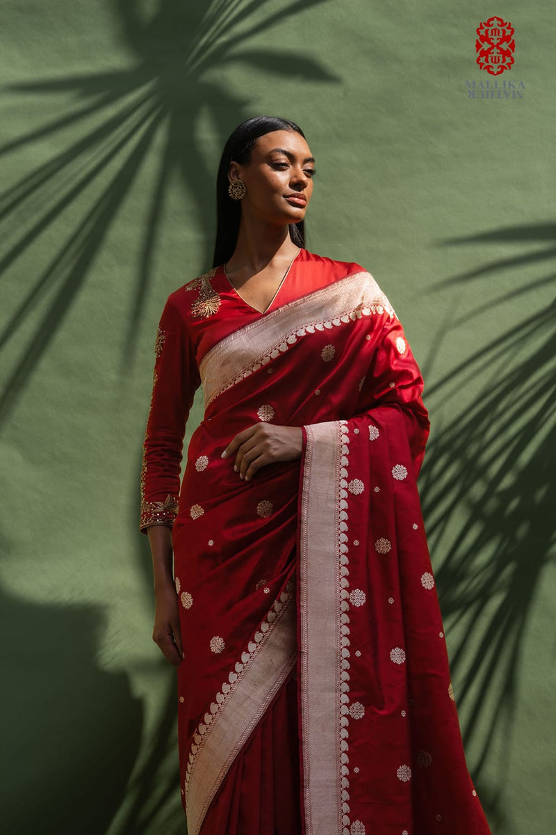 Chunari buti Katan silk Banarasi sari-red silk Buy Chunari buti Katan silk Banarasi sari-red from C&W | Saree for Women by Mallika Mathur in red color for women in Singapore