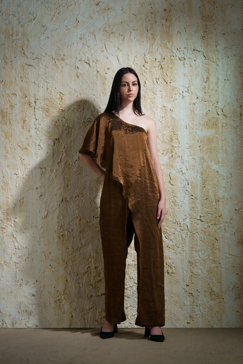 Zora burnt gold silk tissue jumpsuit silk Buy Zora burnt gold silk tissue jumpsuit from C&W | Jumpsuits for Women by Mallika Mathur in gold color for women in Singapore