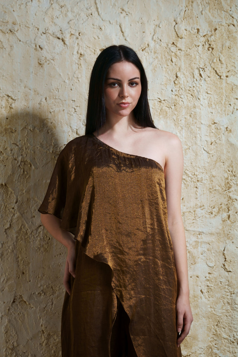 Zora burnt gold silk tissue jumpsuit silk Buy Zora burnt gold silk tissue jumpsuit from C&W | Jumpsuits for Women by Mallika Mathur in gold color for women in Singapore