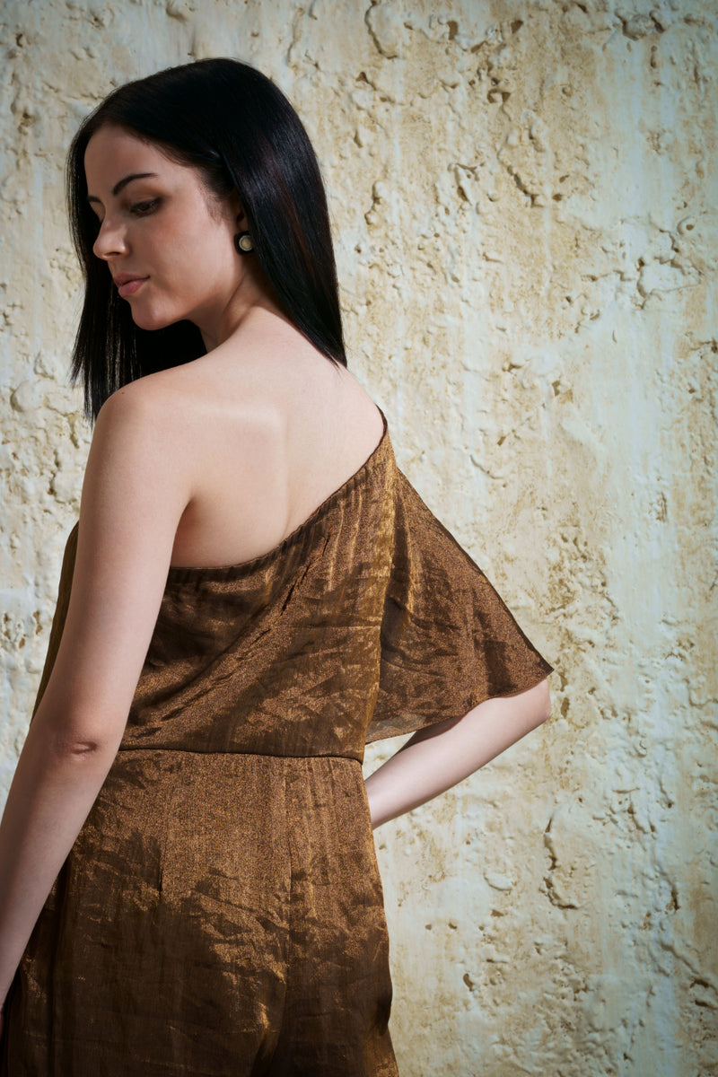 Zora burnt gold silk tissue jumpsuit silk Buy Zora burnt gold silk tissue jumpsuit from C&W | Jumpsuits for Women by Mallika Mathur in gold color for women in Singapore