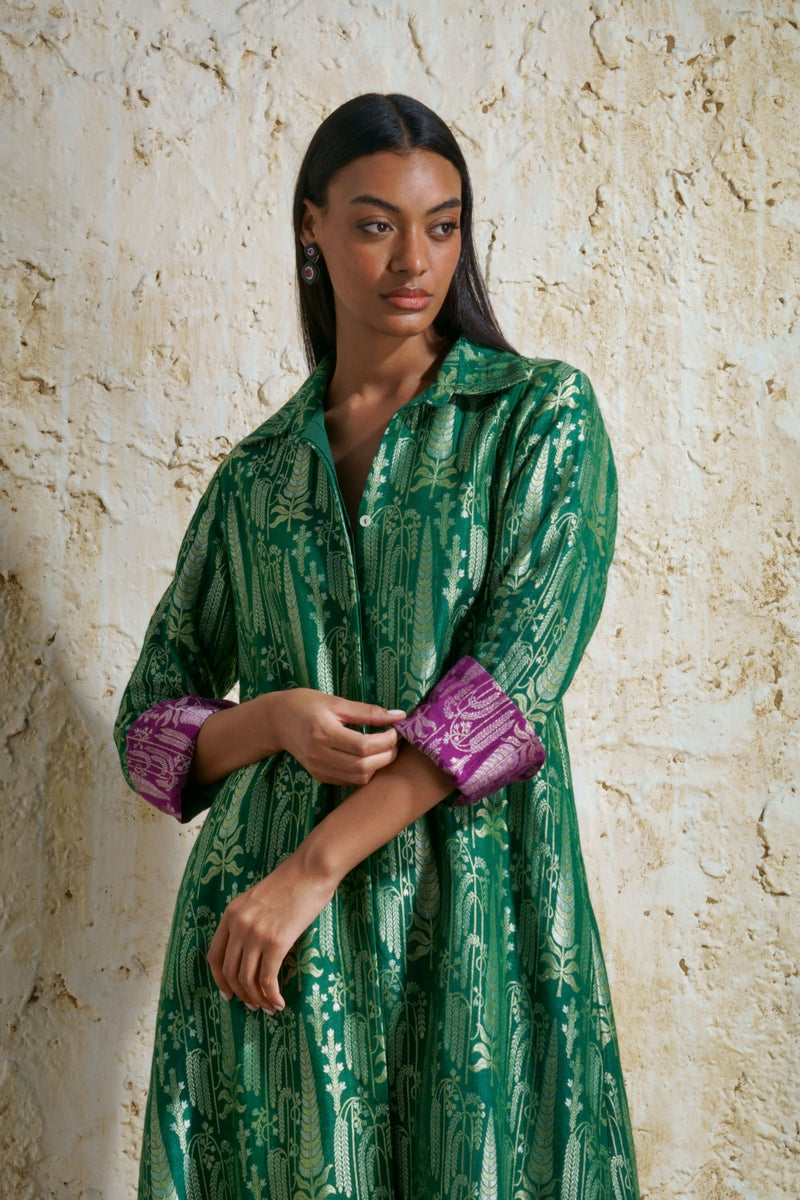 Vriksha collared tunic and slim pants in munga silk-emerald green silk Buy Vriksha collared tunic and slim pants in munga silk-emerald green from C&W | Kurta/Kurta Sets for Women by Mallika Mathur in green color for women in Singapore