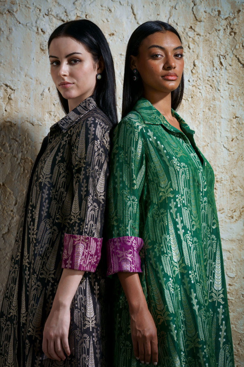 Vriksha collared tunic and slim pants in munga silk-emerald green silk Buy Vriksha collared tunic and slim pants in munga silk-emerald green from C&W | Kurta/Kurta Sets for Women by Mallika Mathur in green color for women in Singapore
