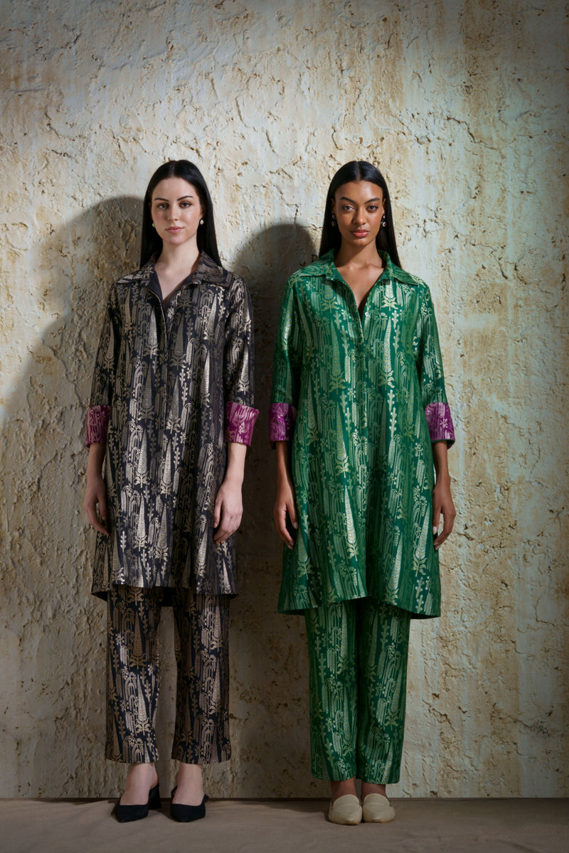 Vriksha collared tunic and slim pants in munga silk-black silk Buy Vriksha collared tunic and slim pants in munga silk-black from C&W | Kurta/Kurta Sets for Women by Mallika Mathur in black color for women in Singapore