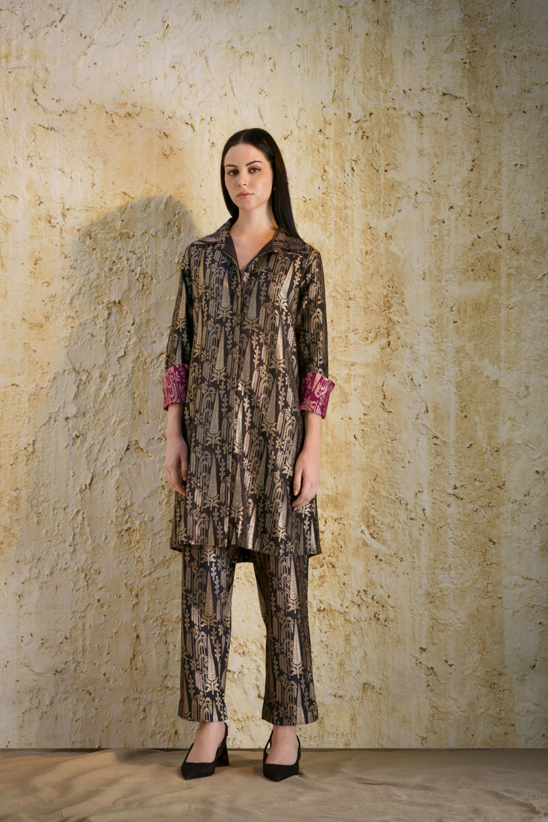 Vriksha collared tunic and slim pants in munga silk-black silk Buy Vriksha collared tunic and slim pants in munga silk-black from C&W | Kurta/Kurta Sets for Women by Mallika Mathur in black color for women in Singapore