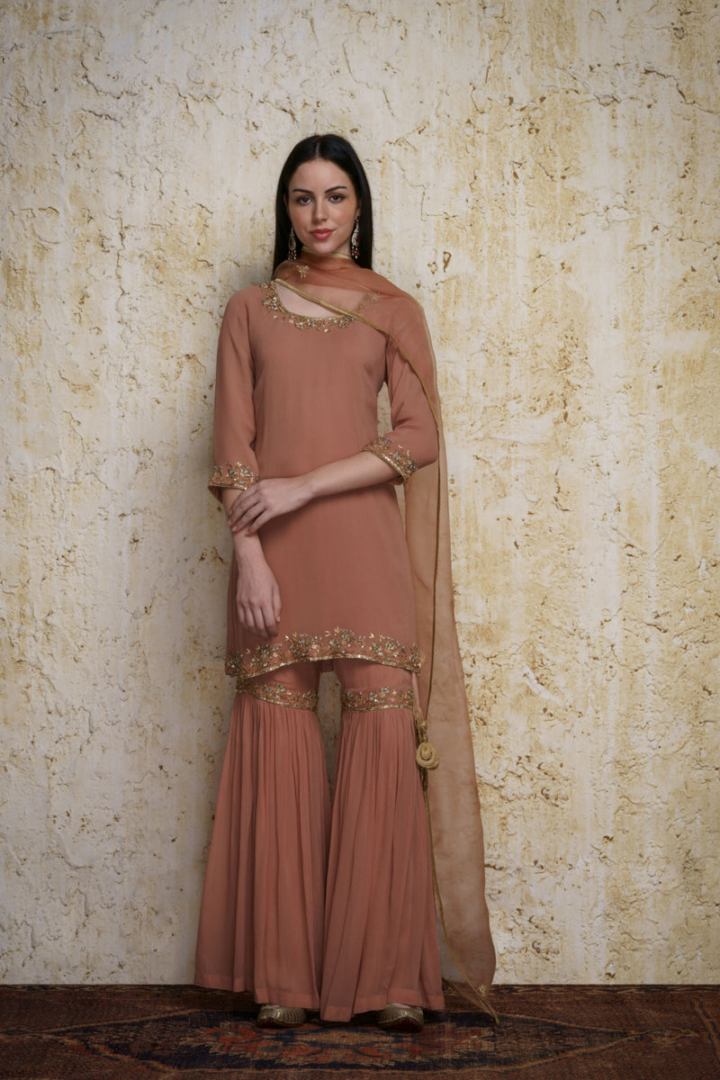 Gulnaz old rose georgette kurta paired with a gharara hand embroidered georgette Buy Gulnaz old rose georgette kurta paired with a gharara hand embroidered from C&W | Lehenga Sets for Women by Mallika Mathur for women in Singapore