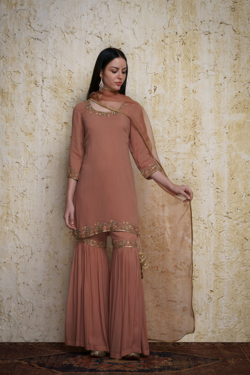 Gulnaz old rose georgette kurta paired with a gharara hand embroidered georgette Buy Gulnaz old rose georgette kurta paired with a gharara hand embroidered from C&W | Lehenga Sets for Women by Mallika Mathur for women in Singapore