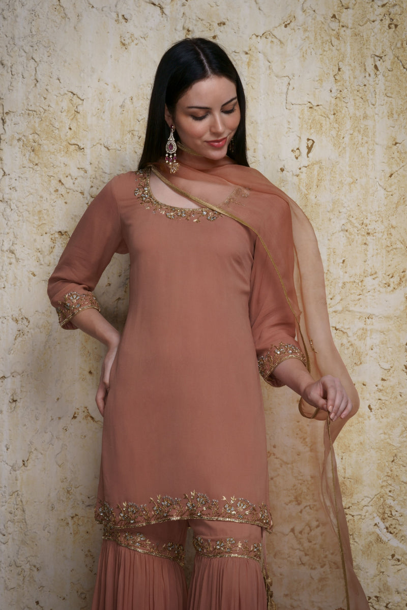 Gulnaz old rose georgette kurta paired with a gharara hand embroidered georgette Buy Gulnaz old rose georgette kurta paired with a gharara hand embroidered from C&W | Lehenga Sets for Women by Mallika Mathur for women in Singapore