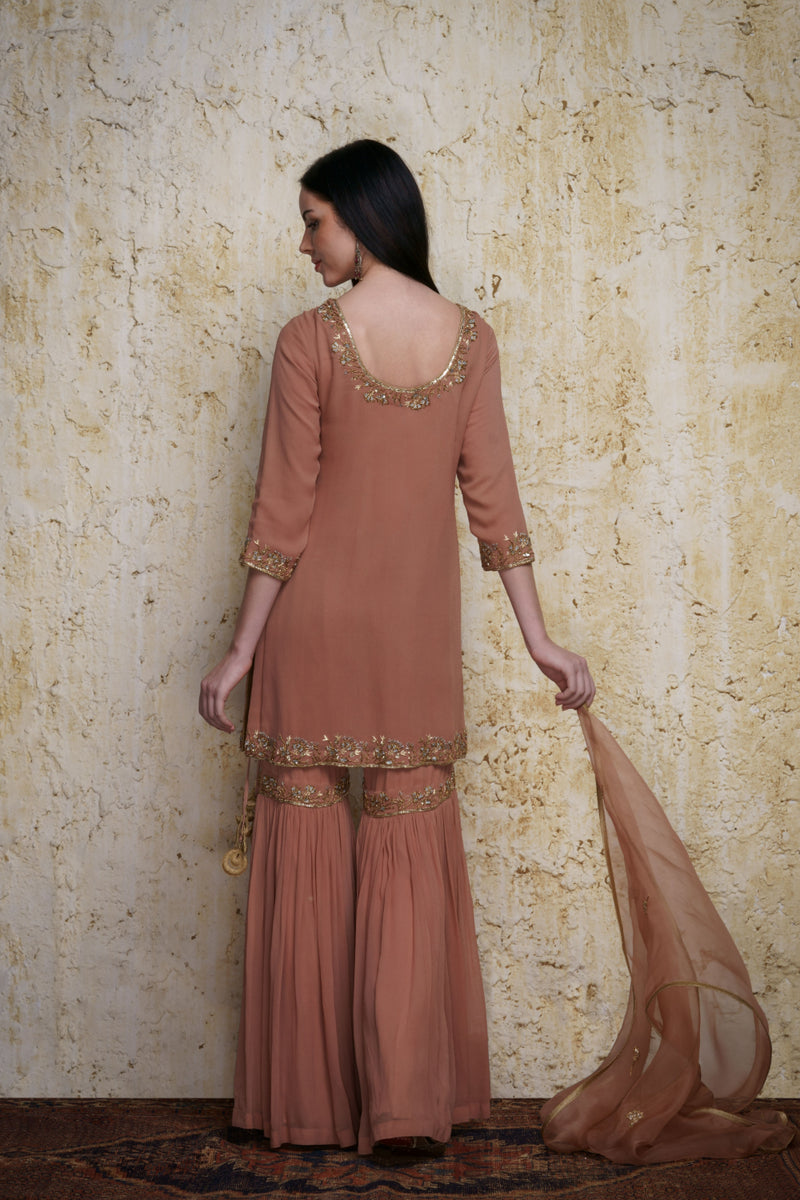 Gulnaz old rose georgette kurta paired with a gharara hand embroidered georgette Buy Gulnaz old rose georgette kurta paired with a gharara hand embroidered from C&W | Lehenga Sets for Women by Mallika Mathur for women in Singapore