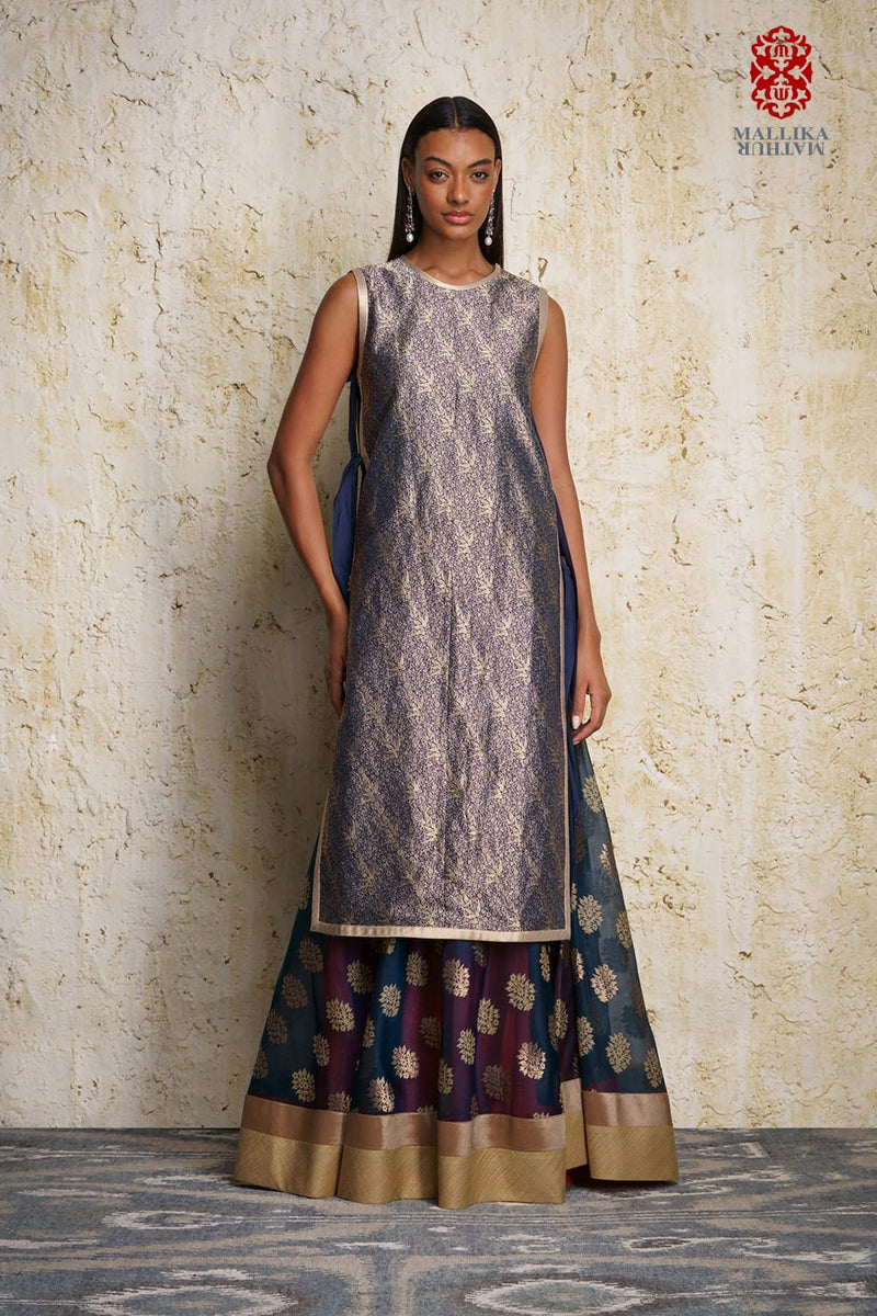 Mizuki silk brocade oriental tunic Buy Mizuki silk brocade oriental tunic from C&W | Lehenga Sets for Women by Mallika Mathur in blue color for women in Singapore