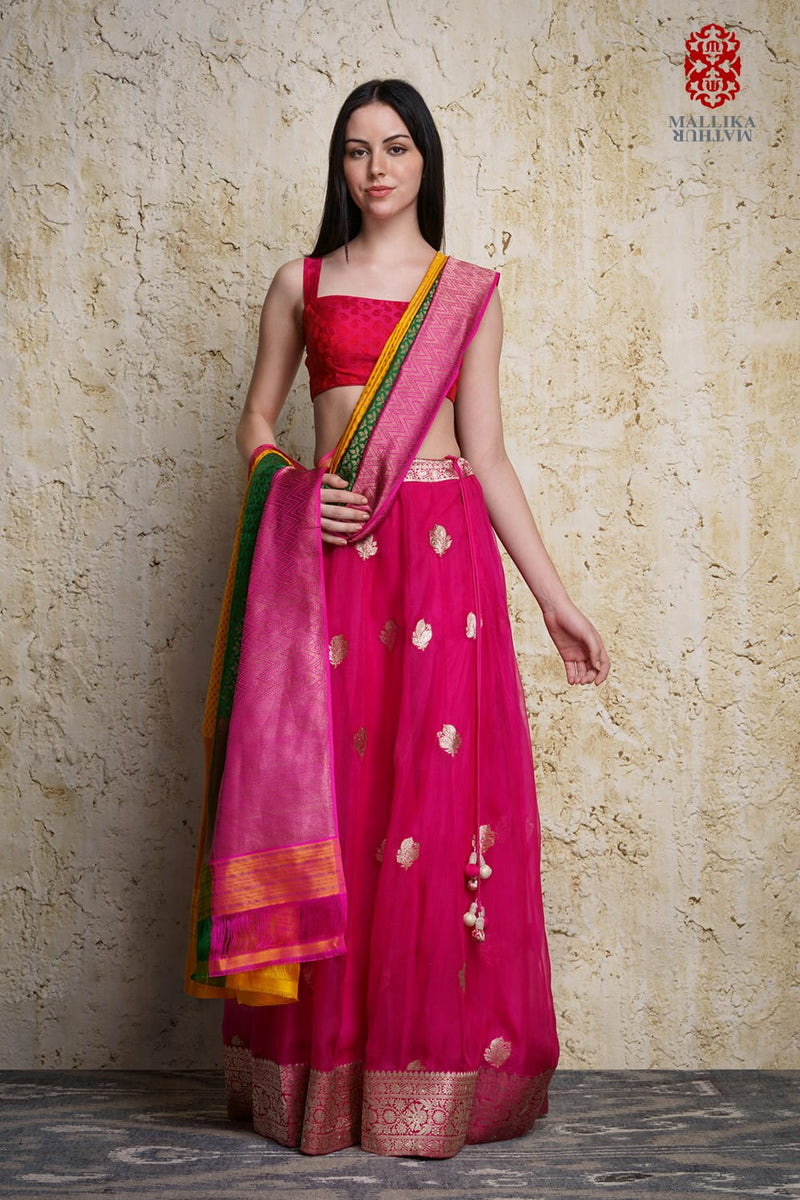 Kora silk skirt appliquéd in antique silver zari motifs mul Buy Kora silk skirt appliquéd in antique silver zari motifs from C&W | Lehenga Sets for Women by Mallika Mathur in multi color for women in Singapore