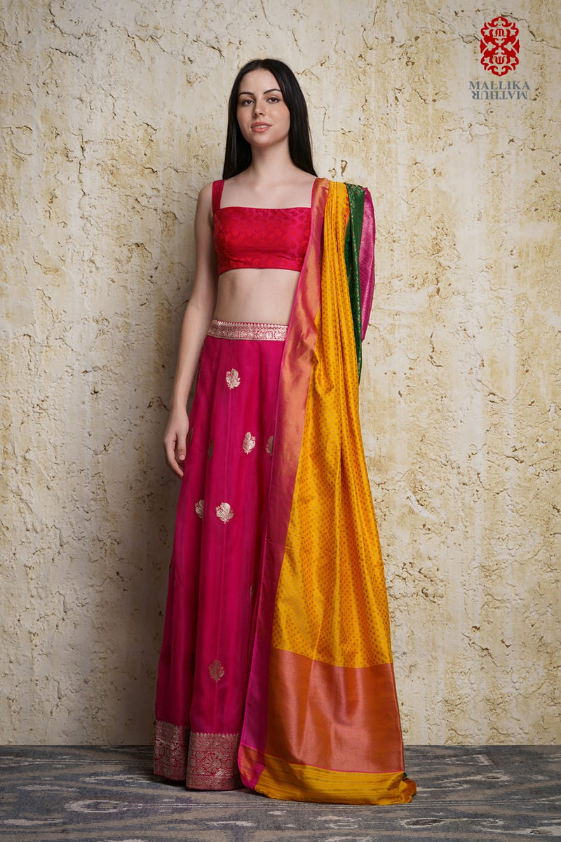Kora silk skirt appliquéd in antique silver zari motifs mul Buy Kora silk skirt appliquéd in antique silver zari motifs from C&W | Lehenga Sets for Women by Mallika Mathur in multi color for women in Singapore