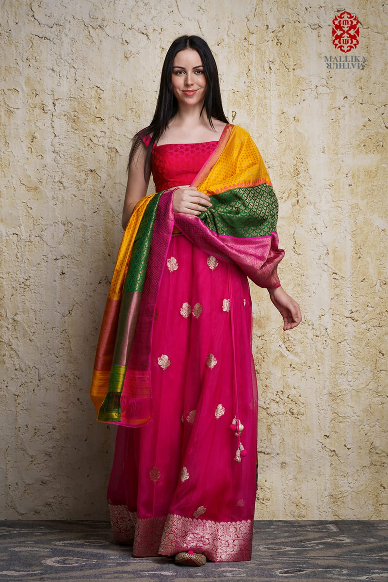 Kora silk skirt appliquéd in antique silver zari motifs mul Buy Kora silk skirt appliquéd in antique silver zari motifs from C&W | Lehenga Sets for Women by Mallika Mathur in multi color for women in Singapore