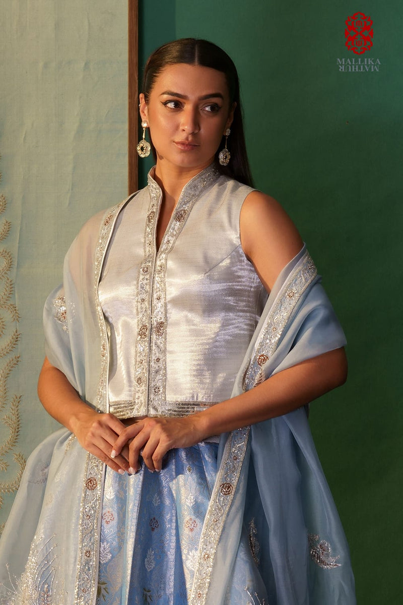 Fatuhi silver zari waistcoat Buy Fatuhi silver zari waistcoat from C&W | Blouses for Women by Mallika Mathur in silver color for women in Singapore