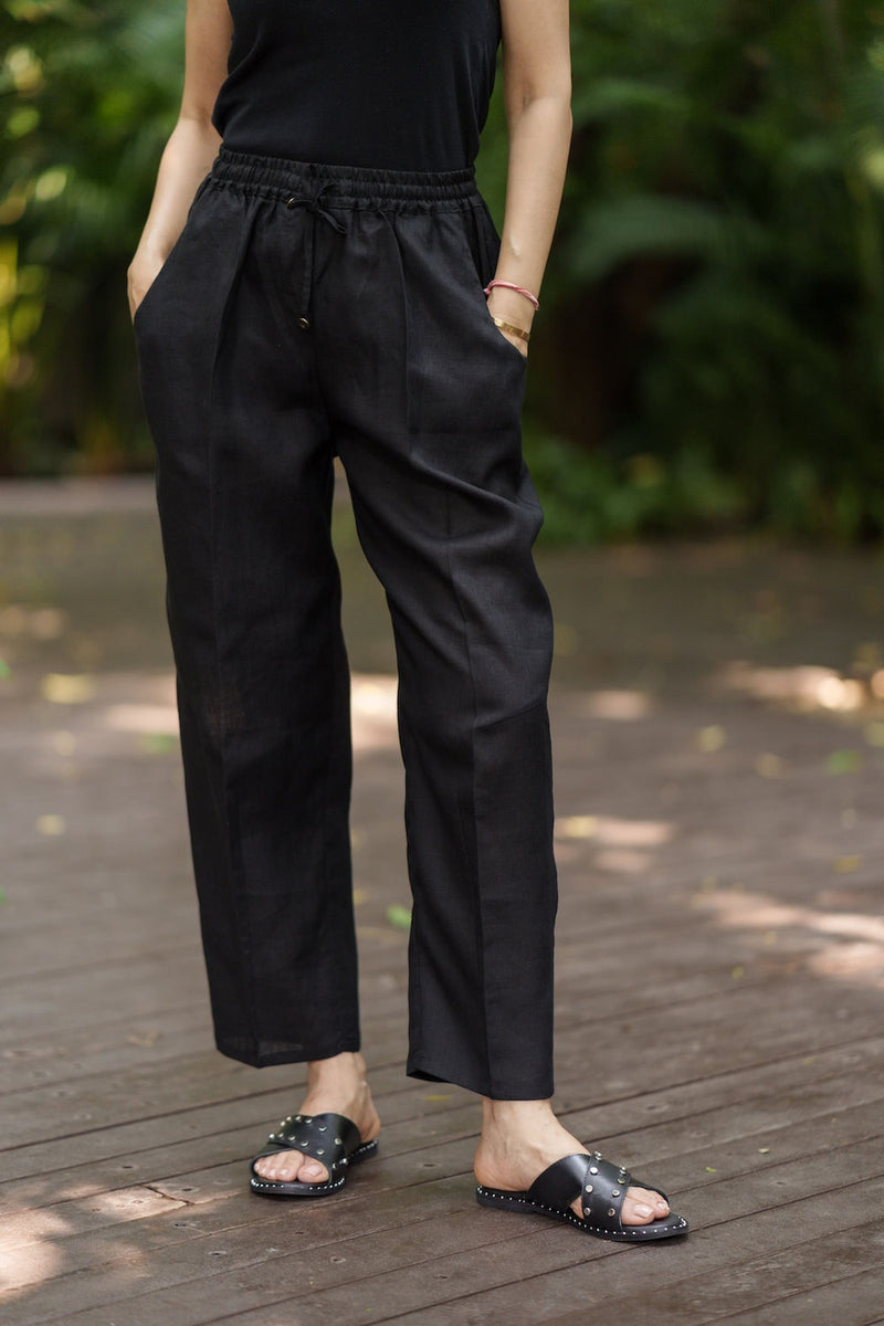 Shinrin Drawstring Pants linen by Zanzibar Living in black for women in Singapore
