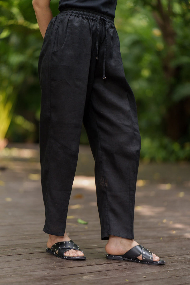 Shinrin Drawstring Pants linen by Zanzibar Living in black for women in Singapore