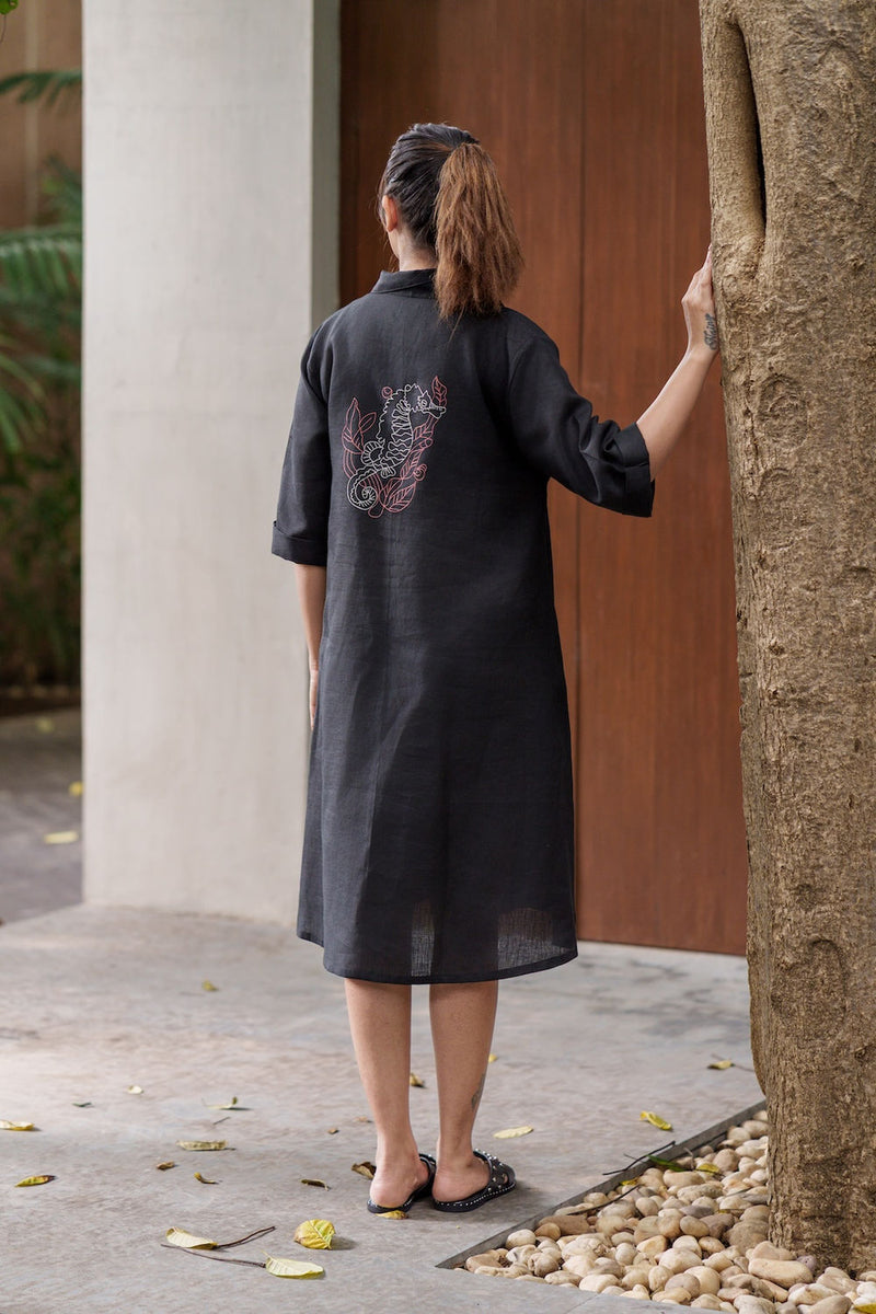 Seahorse Black-Dress linen by Zanzibar Living in black for women in Singapore