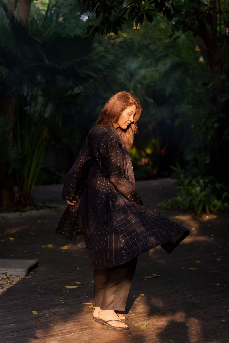 Kuro Chanderi Cape linen by Zanzibar Living in black, gold for women in Singapore